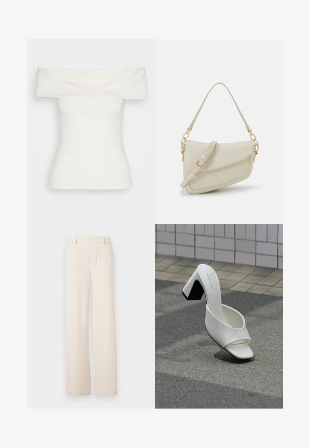 Λευκή μπλούζα off-the-shoulder από ελαστικό ύφασμα, στενή σχεδίαση, λεία υφή με φαρδιά λαιμόκοψη και κοντά μανίκια. Χωρίς σχέδια ή διακοσμήσεις.; Ανοιχτό μπεζ παντελόνια σε ίσιο σχέδιο με πτυχώσεις μπροστά, λεία υφή και πλαϊνές τσέπες. Κατασκευασμένα από μαλακό ύφασμα με κομψό σχέδιο.; Λευκό μονό ανοιχτό παπούτσι mule με τακούνι μπλοκ, που στέκεται σε γκρι άσφαλτο μπροστά σε φόν από πλακιδιωμένο τοίχο.; Μικρή κρέμα τσάντα χεριού με υφή, μακριά ρυθμιζόμενη λουρί, αλυσίδα ως διακόσμηση και κλείσιμο με καπάκι. Χρυσές λεπτομέρειες.