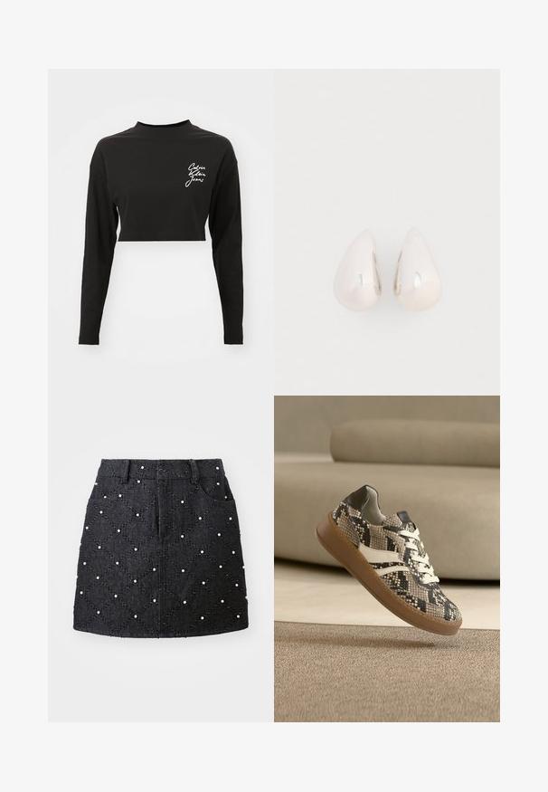 Čierny dlhý rukáv crop top vyrobený z mäkkej bavlny, s vysokým výstrihom a bielym logom na ľavej strane hrudníka.; Čierna denimová sukňa s diamantovým prešívaním, zdobená bielymi perlami. Má pás a dve predné vrecká.; Teniska s textúrou hnedej umelej hadovej kože, s bielymi detailmi a šnúrkami a gumovou podrážkou. Dizajn s nízkym strihom a čiernym pätovým dielom.; Strieborné kovové náušnice vo forme kvapky s hladkým, reflexným povrchom a tvarom slzy, s bezšvovým dizajnom a bez viditeľných ozdôb.
