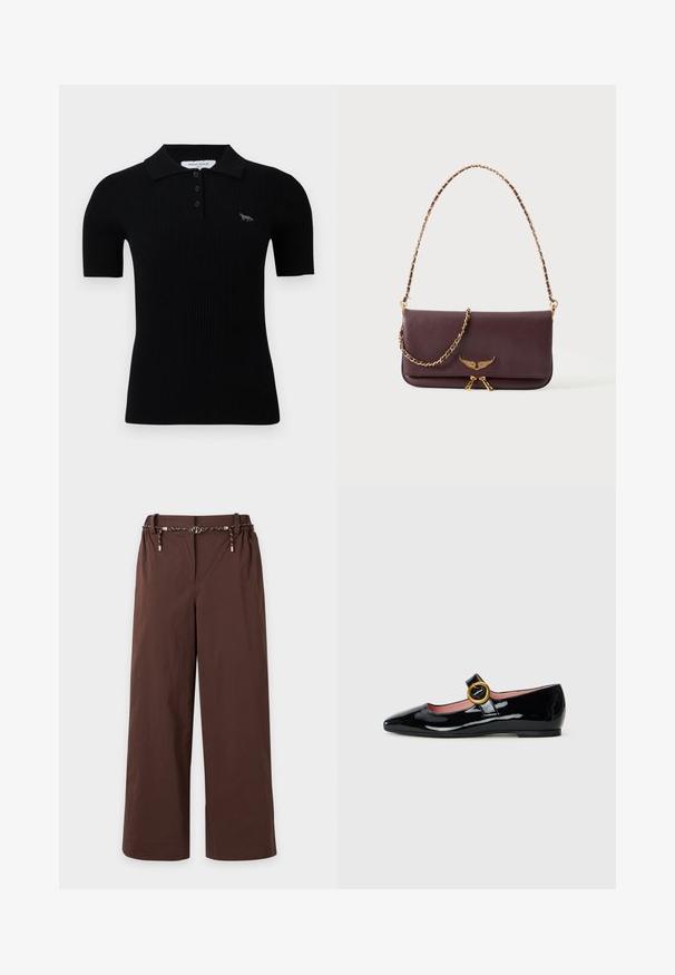 Polo noir à côtes avec un col classique, une patte de boutonnage à trois boutons et un petit design brodé sur la poitrine gauche.; Pantalon marron à jambes larges avec une ceinture élastique et une ceinture à cordon noire et blanche avec des accents dorés, présenté sur un fond clair.; Chaussure plate en cuir verni noir avec un bout arrondi et pointu, dotée d'une sangle ornée d'une grande boucle circulaire en or.; Sac à main en cuir marron foncé avec bandoulière chaîne dorée, emblème ailé doré et double fermeture éclair sur le rabat avant.