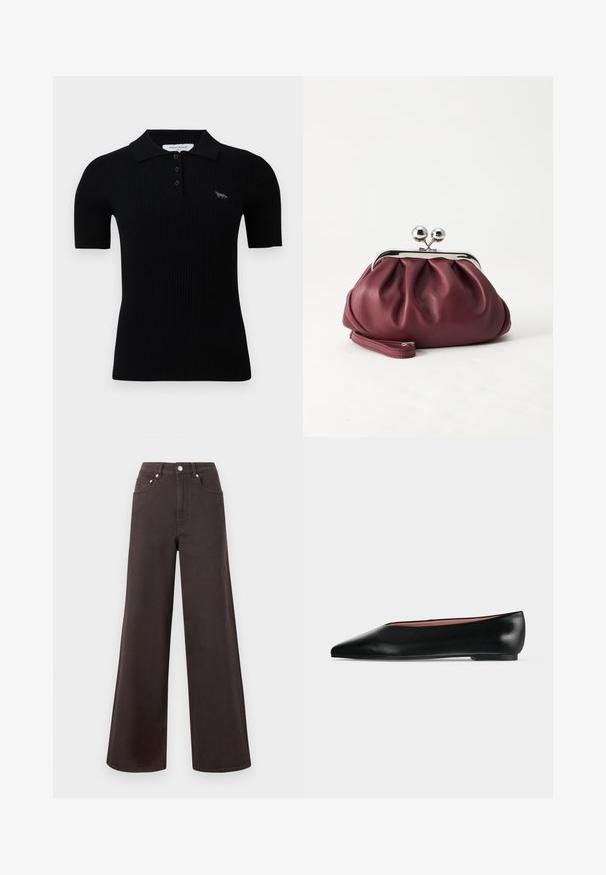 Polo noir à côtes avec un col classique, une patte de boutonnage à trois boutons et un petit design brodé sur la poitrine gauche.; Jean noir taille haute à jambes larges avec cinq poches et fermeture par boutons, présenté sur un fond gris clair uni.; Chaussure plate en cuir noir pour femme, avec bout pointu et petit talon, vue de côté sur un fond gris clair uni.; Petit sac pochette en cuir bordeaux avec fermoir métallique argenté et bracelet sur fond blanc.