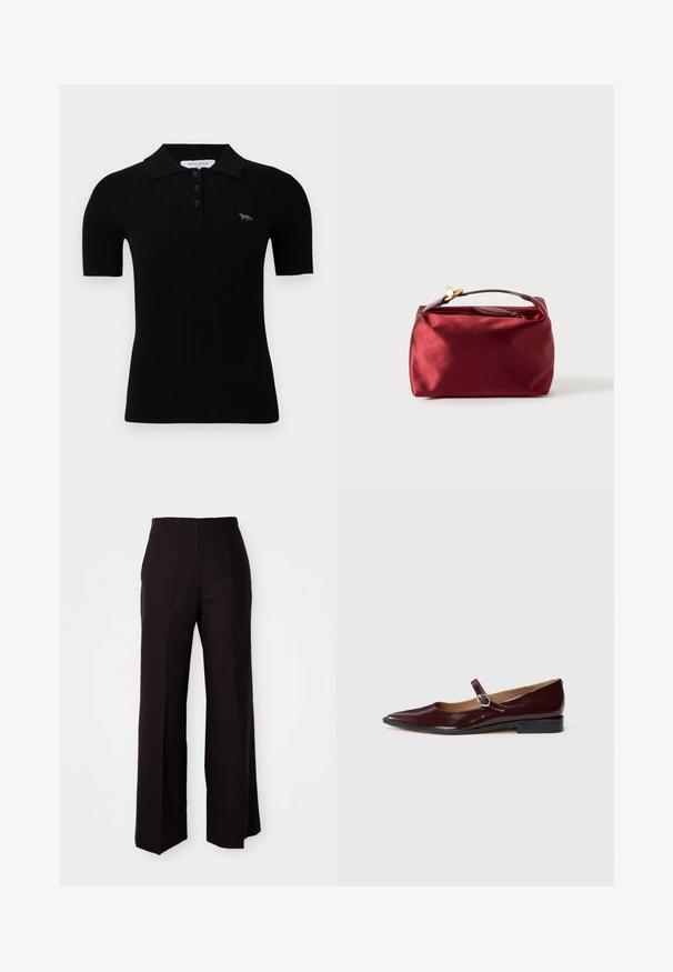 Zwarte geribbelde poloshirt met een klassieke kraag, drie knopen en een klein geborduurd ontwerp op de linkerborst.; Zwarte wijde broek met hoge taille, voorzien van een gladde textuur en subtiele voormouwen, ontworpen voor een gestructureerde pasvorm.; Bordeaux patentleren Mary Jane ballerina's met een spitse neus, platte hak en een decoratieve band met een ronde gespaccent.; Bordeaux satijnen cosmetica tas met een rechthoekige vorm, ritssluiting en een kort handvat. Beschikt over een minimalistisch ontwerp en een gladde textuur.
