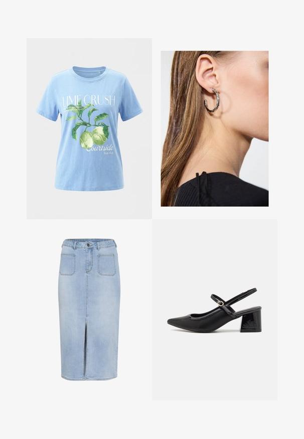 Lyseblå t-shirt med grønt mønster af limefrugter og blade, teksten "LIME CRUSH" og mindre tekst om limefrugter og courtside fruit club.; Lys blå denim midi-nederdel med en forkortet slids, fem lommer og en tætsiddende talje med bæltestropper og knaplukning.; Sorte patentlæder slingback hæle med spids tå, rund udskæring og blokhæl. Har en guldtonet spændeaccents.; Sølv hoop ørestik med en poleret overflade, prydet med små guld accenter og en rund form, båret på øreflippen.