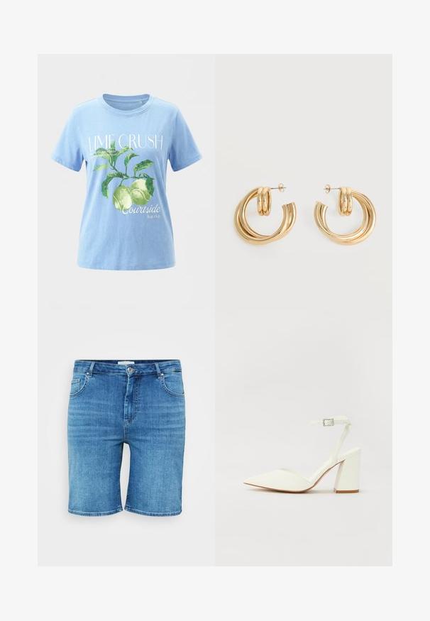 Lyseblå t-shirt med grønt mønster af limefrugter og blade, teksten "LIME CRUSH" og mindre tekst om limefrugter og courtside fruit club.; Denim shorts i mellemblå farve, med lige snit, fem-lomme design og knaplukning. Blød tekstur, rene kantede kanter.; Hvide hælede sandaler med spids tå, justerbar ankelrem og en kraftig firkantet hæl. Glat tekstur med minimale syninger.; Par af skinnende gyldne dobbelt loop øreringe med stift-lukning på hvid baggrund.