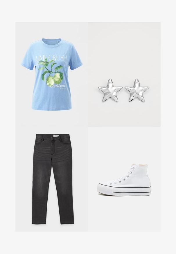 Lyseblå t-shirt med grønt mønster af limefrugter og blade, teksten "LIME CRUSH" og mindre tekst om limefrugter og courtside fruit club.; Sort denim med lige ben, knap- og lynlåslukning, for- og baglommer samt diskret falming på lårene, lagt fladt på en hvid baggrund.; Hvide høj-top sneakers lavet af kanvasmateriale, sort gummisål og kontrasterende sort stribe på mellemsålen. Rund tåhætte og snørebåndsdesign.; Sølvstjernede øreringe med en poleret, blank overflade. Hver ørering har fem spidser og subtile teksturdetaljer på overfladen.