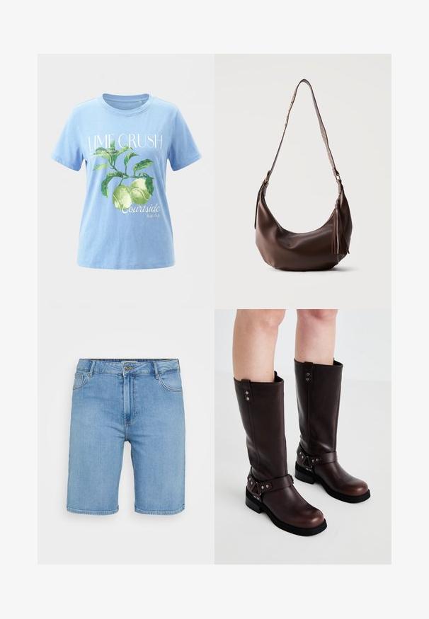 Lyseblå t-shirt med grønt mønster af limefrugter og blade, teksten "LIME CRUSH" og mindre tekst om limefrugter og courtside fruit club.; Lys blå denim shorts med klassisk pasform, der har en frontknaplukning, bæltestropper og to sidelommer. Glat tekstur og lige kant.; Brune læder knæ-høje støvler med en glat tekstur, der har en bred rem og trekantede metal detaljer samt flade gummisåler.; Brun skuldertaske i læder med guldnitter på stroppen og læderrispynte lynlås, vist mod en ensfarvet baggrund.