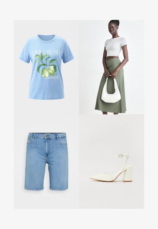 Hellblaues T-Shirt mit grünem Grafikdruck von Limetten und Blättern, Text "LIME CRUSH" und kleinerem Schriftzug über Limetten und den Courtside Fruit Club.; Helles blaues Denim-Shorts mit klassischem Schnitt, ausgestattet mit einem vorderen Knopfverschluss, Gürtelschlaufen und zwei Seitentaschen. Glatte Textur und gerader Saum.; Weißer sandal mit Absatz und spitzem Zehenbereich, verstellbarem Knöchelriemen und chunky quadratischem Absatz. Glatte Textur mit minimalen Nähdetails.; Grauer gerippter Croptop und olivgrüner Rock mit hoher Taille. Das Modell hält eine weiße Schultertasche mit Ausschnittdetails. Schlichte Gestaltung, taillierte Silhouette.