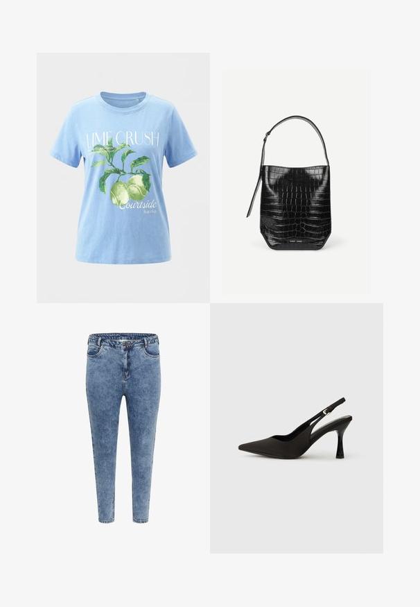Lichtblauw T-shirt met groene limoenen en bladeren, tekst "LIME CRUSH," en kleingedrukte tekst over limoenen en courtside fruitclub.; Blauwe denim skinny jeans met een hoge taille, vijf zakken en een ritsluiting. De stof heeft een licht vervaagde textuur met contrasterende stiksels.; Zwarte slingback hakken met een spitse neus, een gladde matte afwerking en een slanke, glanzende hak. Verstelbare band met een klein gespdetail.; Zwarte embleem van krokodillenleer met een enkele schouderriem en een klein zilveren merkembleem aan de onderkant van de voorkant.