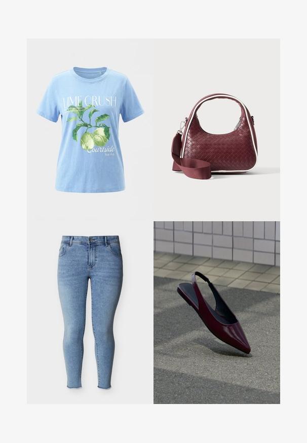 Lyseblå t-shirt med grønt mønster af limefrugter og blade, teksten "LIME CRUSH" og mindre tekst om limefrugter og courtside fruit club.; Lyseblå tætsiddende jeans med frontknap, fem lommer og frynsede ankelsømme, vist på en hvid baggrund.; Bordeaux laklæder slingback flad sko med spids tå, svævende over tekstureret fortov nær flisebelagt væg.; Mørkerød vævet lædertaske med buet hank, hvid kant, sølv lynlås og aftagelig bred stofskulderrem mod en ensfarvet baggrund.