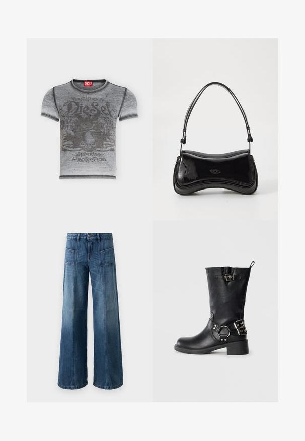 Grå kortærmet Diesel T-shirt med falmet grafik med en enhjørning, tekst og et mønster af små sorte prikker foran.; Videbenet jeans i en falmet blå denim. Har fem lommer, en knap- og lynlås-lukning, synlige syninger og en løs pasform.; Sorte knæhøje støvler lavet af læder, med rund toe, en lav hæl, side spænde detaljer og en trækrem bagi.; Sort patentlæder håndtaske med en buet form, et enkelt håndtag og en rund bund. Har en subtil logo-detalje på forsiden.