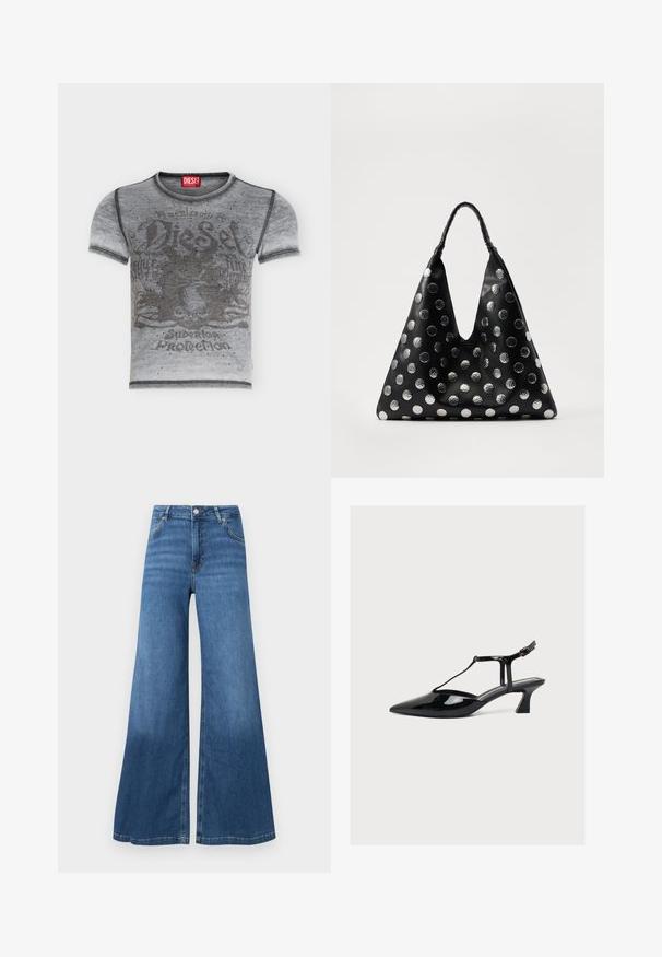 Grå kortærmet Diesel T-shirt med falmet grafik med en enhjørning, tekst og et mønster af små sorte prikker foran.; Bredde bukser i blå denim med høj talje, forlommer og en ren søm. Ingen synlige mønstre eller pyntegeler.; Sort laklæder sko med lav hæl, spids tå, T-rem og spænde lukning på lys neutral baggrund.; Sort lædertaske med en trekantet form, udstyret med sølvfarvede metallic prikker og et tekstureret håndtag. Generelt glat finish.