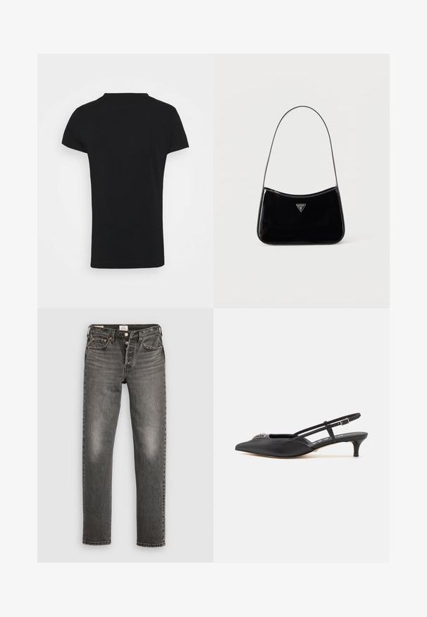 Guess MINI TRIANGLE - T-Shirt basic - jet black; Graue Jeans aus Denim mit geradem Bein, mit beschädigter Textur, subtilen Verwaschungen, kupfernen Nieten und einem klassischen Knopfverschluss.; Schwarze Slingback-Schuhe mit einer spitzen Zehe, aus glattem Material gefertigt, mit einem kleinen Absatz und einem dekorativen silbernen Akzent auf dem Blatt.; Schwarze Schultertasche aus Lackleder mit schmalem Riemen, dreieckigem Guess-Logo vorne und einem Reißverschluss oben.