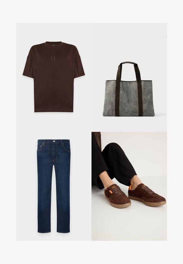 T-shirt marron foncé à manches courtes avec col rond et petit logo en relief A|X Armani Exchange centré sur la poitrine.; Jean droit bleu foncé avec cinq poches, fermeture par bouton et coutures orange visibles.; Baskets en daim marron avec un bout rond, un dessus texturé et des accents orange. Elles présentent des lacets plats et une semelle en caoutchouc.; Sac fourre-tout en tissu gris avec des anses en cuir brun foncé et un petit bouton métallique de fermeture au centre en haut.