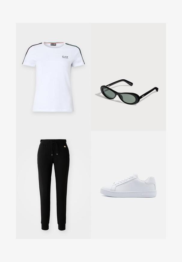Wit katoenen T-shirt met korte mouwen, voorzien van contrasterende zwarte en groene strepen op de schouders en een klein EA7-logo op de borst.; Zwarte tapered sweatpants met een tailleband met trekkoord en manchetten bij de enkels, weergegeven op een eenvoudige witte achtergrond.; Witte leren laagtop sneakers met ronde neus, platte rubberen zool en logo-detail aan de zijkant. Beschikt over zes paar veteroogjes en textuuraccenten.; Zwarte ovale zonnebril met getinte glazen en dunne pootjes, afgebeeld tegen een lichte achtergrond met merknaam op de pootjes.