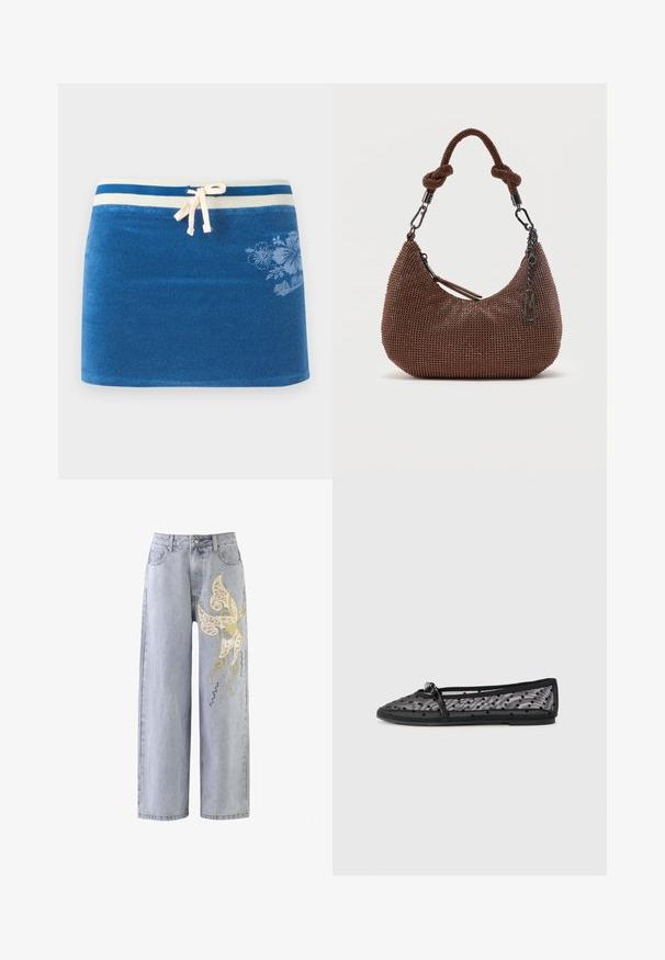 Blåt frotté nederdel med hvidstribet linning, snor foran og subtilt blomsterprint på højre side.; Lysblå vidde jeans med et sommerfuglemotiv i guld- og elfenbensbroderi, prydet med dekorative syninger.; Sort ballerina flad sandal lavet af mesh med prikmønster. Har en slank rem og rund tå. Blød sål og fleksibel design.; Lille halvmåneformet brun perlet håndtaske med knyttet håndtag, lynlås-lukning og hængende metal-logo charm.