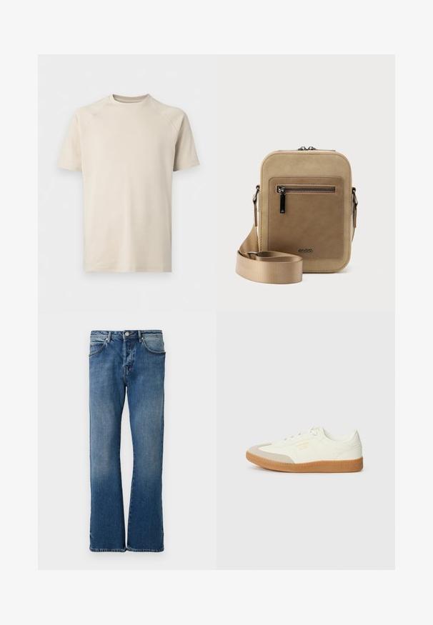 Beiges Kurzarm-T-Shirt mit Rundhalsausschnitt und Raglanärmeln, schlicht und aus glattem Stoff gefertigt.; Helle blaue Jeans aus Denim mit geradem Bein, ausgestattet mit fünf Taschen, einem Knopfverschluss und subtilen Ausbleichungen auf dem Stoff.; Sneaker aus weißem Leder mit einer beigen Zehenkappe und leichter brauner Gummisohle. Verfügt über flache weiße Schnürsenkel und geprägtes Branding an der Seite.; Kleine beige Umhängetasche mit vorderer Reißverschlusstasche, metallischem ALDO-Logo, verstellbarem breitem Riemen und abgerundeter rechteckiger Form vor weißem Hintergrund.