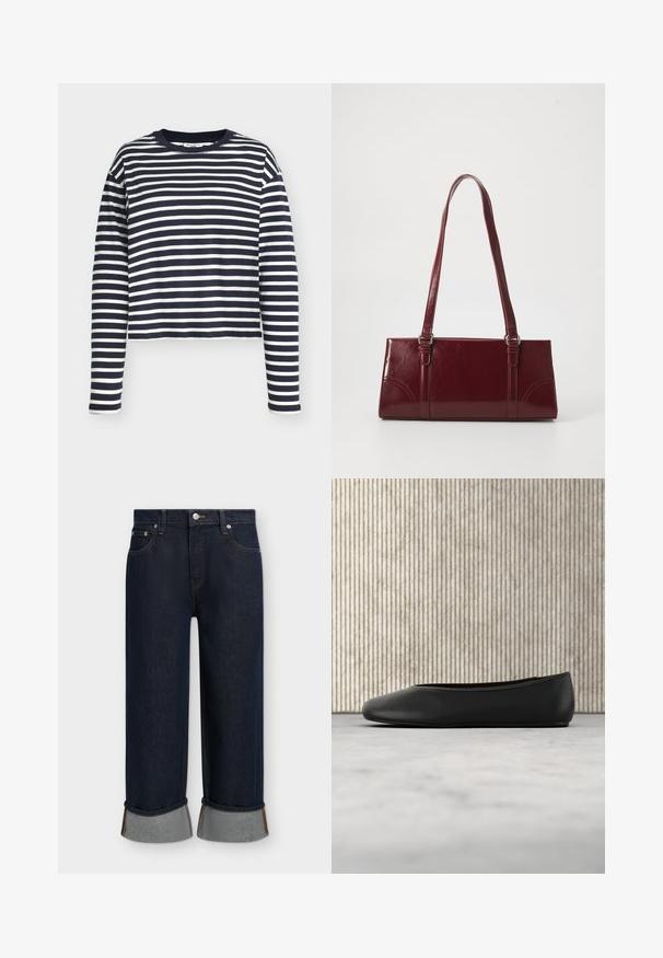 Marineblå og hvide stribede langærmede bomuldsbluse med rund hals og kort design. Har lige ærmer og blød tekstur.; Mørkeblå jeans med vide ben og opbuk ved buksekanten, forrest med knap, lynlås og design med fem lommer på ensfarvet baggrund.; Sorte læder balletflade med en rund tå, glat tekstur og en gulds logoaccent på siden. Placeret over en reflekterende overflade.; Bordeaux håndtaske lavet af glansfuldt materiale, rektangulær form, med to skulderremme og subtile buede detaljer på forsiden.
