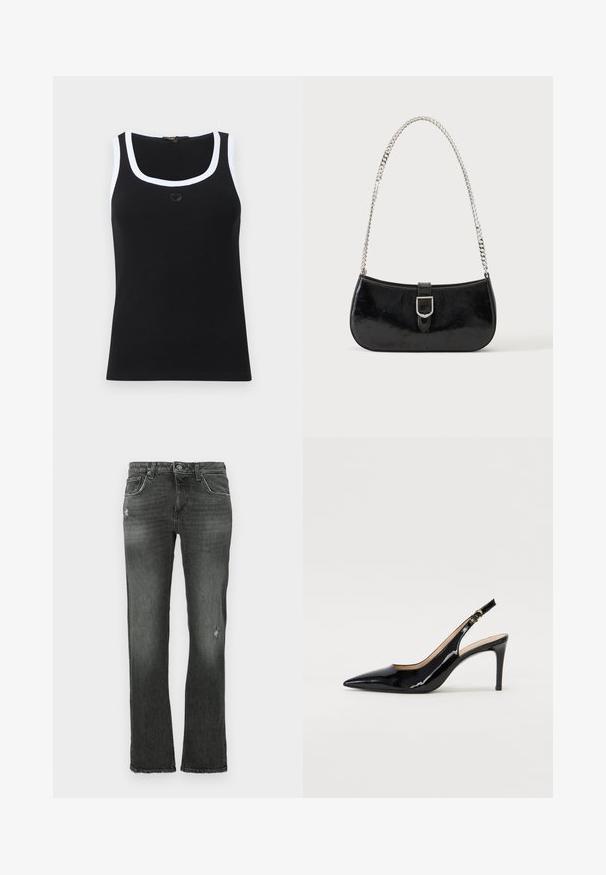 Débardeur côtelé noir avec un bord blanc autour de l'encolure et des emmanchures, présentant un petit motif de cœur brodé au centre de la poitrine.; Jeans en denim noir avec une coupe droite, présentant des détails subtils d'usure et une disposition classique à cinq poches. Fermeture à bouton standard et passants de ceinture.; Pompe slingback en cuir verni noir avec un bout pointu, un talon fin et un design de découpes subtil. Elle dispose d'une boucle dorée sur la sangle.; Sac à épaule en cuir verni noir avec détail de boucle argentée et bandoulière en chaîne argentée, présenté sur un fond uni clair.