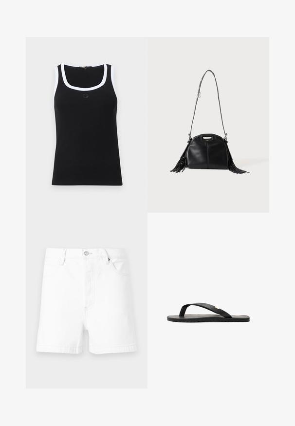 Débardeur côtelé noir avec un bord blanc autour de l'encolure et des emmanchures, présentant un petit motif de cœur brodé au centre de la poitrine.; Shorts en denim blanc avec poches avant, passants pour ceinture et fermeture à bouton en métal sur un fond uni.; Tongs noires avec une semelle plate, une semelle intérieure texturée noire, des sangles lisses et un petit accent doré près du séparateur de orteils.; Sac à main en cuir noir avec longue bandoulière, petite poignée supérieure et franges sur les deux côtés, présenté sur un fond uni.