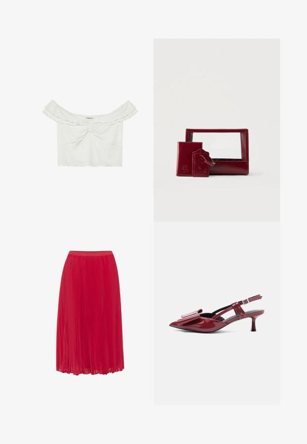 Even&Odd T-Shirt print - white; Roter, plissierter Rock aus glattem, leichtem Stoff. Verfügt über einen elastischen Bund und ein fließendes Design für optimale Bewegungsfreiheit.; Rote Lackleder-Slingback-Kitten-Heels mit spitzem Zehenbereich und großem Schleifendetail auf der Oberseite vor weißem Hintergrund.; Bordeauxrotes Lederetui-Set mit transparentem Vorderteil, einem kleinen Kartenhalter und einem Gepäckanhänger, alle mit glatten Texturen und geprägten Details.