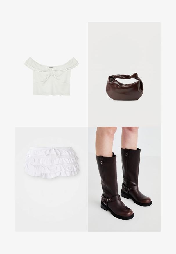 Even&Odd by Zalando Trükipildiga T-särk - white; Valge volangidega ujumise seelik mitme kihiga, millel on reguleeritav paeltega vöökoht. Pehme kangas sujuva tekstuuriga.; Pruunist nahast kuni põlveni ulatuvad saapad, millel on sile pind, lai rihm ja kolmnurkne metallist detail, tasased kummist tallad.; Tumepruunast nahast õlakott, pehme ja lõdva vormiga, keeratud sõlme tüüpi sangaga, valgel ühevärvilisel taustal.