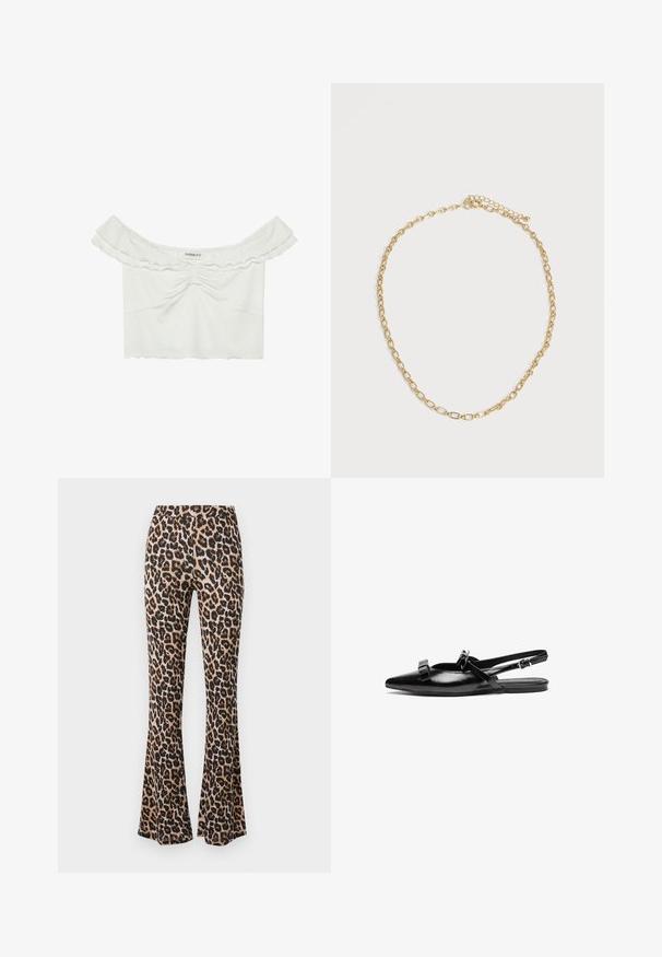 Even&Odd T-Shirt print - white; Leopardenmuster Schlaghosen in Tan und Schwarz, aus weichem Stoff mit einer glatten Textur, mit einer taillierten Taille und einem ausgestellten Saum.; Schwarze Leder-Slingback-Ballettschuhe mit spitzer Zehenform, verziert mit Rüschendetails auf dem Schaft und einem verstellbaren Knöchelriemen. Glatte Oberflächenstruktur.; Dünne Goldkette mit ovalen Gliedern und verstellbarem Verschluss, kreisförmig auf schlichtem weißen Hintergrund angeordnet.