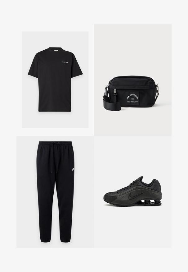 T-shirt noir à manches courtes avec col rond, petit texte "New York" et graphique de boussole sur la poitrine gauche.; Pantalon de survêtement noir en tissu doux, avec une taille élastique à cordon de serrage, des jambes fuselées, et un petit logo blanc sur le côté gauche.; Baskets de course noires avec une tige en synthétique lisse, des accents perforés, des panneaux latéraux texturés et une semelle distincte et rebondissante.; Sac en nylon noir à bandoulière avec fermeture éclair, sangle ajustable et un patch de marque blanc arborant "Karl Lagerfeld Paris". Design compact.