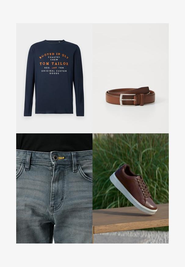 Marineblå langærmet t-shirt med rund hals og orange og hvid tekst: "ROOTED IN QLY COASTAL CREW TOM TAILOR 1962 ORIGINAL CUSTOM GOODS."; Falmede blå denimjeans med knappelukning, gul akcent ved taljen og klassisk fem-lomme design. Teksturen ser blød og brugt ud.; Brune lædersneakers med hvid gummisål, snørebåndsdesign, glat tekstur, afrundet tå og diskrete syninger.; Brun læderbælte med en glat overflade, præget af en sølvfarvet metalspænde og diskret syning langs kanterne. Klassisk og holdbart design.