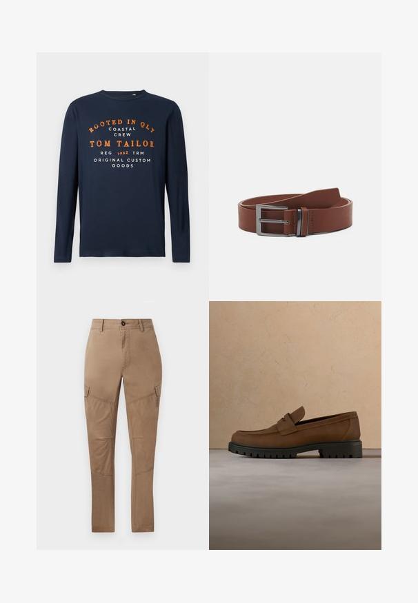 Camiseta de manga larga azul marino con cuello redondo y texto en naranja y blanco: "ENRAIZADO EN QLY COSTAL CREW TOM TAILOR 1962 BIENES PERSONALIZADOS ORIGINALES."; Pantalones cargo en mezcla de algodón color marrón claro. Presentan bolsillos laterales, piernas rectas y detalles de costura. Textura suave con un acabado duradero.; Mocasín de cuero marrón oscuro con suela gruesa de goma negra, mostrado sobre una alfombra beige y fondo de sofá.; Cinturón de cuero marrón con una textura suave, que presenta una hebilla de metal plateado y un diseño minimalista. El cinturón tiene un extremo redondeado y costuras precisas.