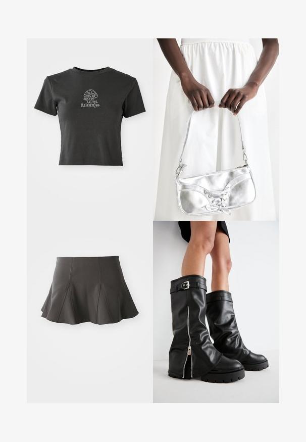 Zwarte cropped t-shirt met korte mouwen, versierd met een met strass steentjes bedekte cartoon paddenstoel en het woord "LLUMO" eronder.; Zwarte uitlopende rok met een getailleerde taille, voorzien van verticale naden en een gladde textuur. De zoom is licht gebogen en komt net boven de dijen.; Zwarte leren kniehoge laarzen met een brede schacht, voorzien van een zijrits en een gespaccent, met een gestructureerde afwerking en een chunky rubberen zool.; Zilveren metalen handtas met vetersluiting, met een strak ontwerp en een korte schouderriem. De tas wordt vastgehouden in de handen, waardoor de textuur goed tot zijn recht komt.