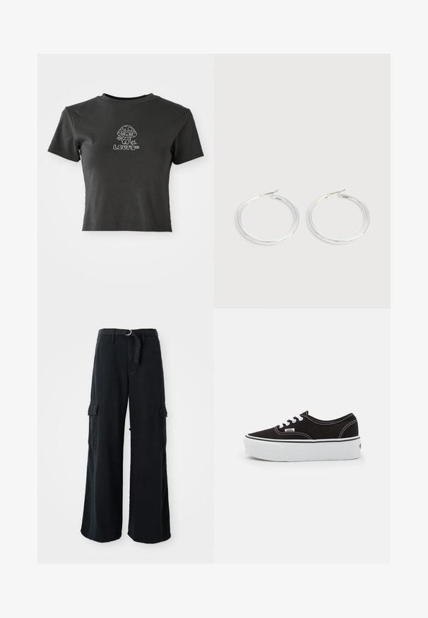 Camiseta negra corta con mangas cortas que presenta un hongo de dibujos animados adornado con strass y la palabra "LLUMO" debajo.; Pantalones cargo anchos negros de algodón con cinturón de lazo, que cuentan con dos bolsillos laterales y una textura de tela suave.; Zapatilla de lona negra con suela de plataforma de goma blanca, que presenta cordones y costuras blancas, con branding icónico en el lateral, diseño de corte bajo.; Pareja de pendientes de aro plateados brillantes con cierres de alambre delgado, mostrados sobre un fondo gris claro.