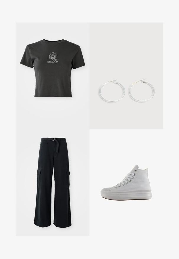 T-shirt noir court à manches courtes avec un champignon en cartoon orné de strass et le mot "LLUMO" en dessous.; Pantalons cargo larges noirs en coton avec ceinture à nouer, dotés de deux poches latérales et d'une texture de tissu lisse.; Baskets montantes en toile blanche avec lacets blancs, œillets métalliques, semelle épaisse en caoutchouc et bout texturé, orientées vers la gauche sur fond blanc.; Paire de boucles d'oreilles créoles argentées brillantes avec fermoirs en fil fin, présentée sur un fond gris clair.
