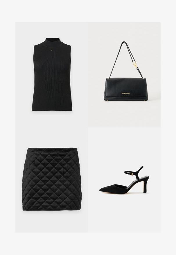 Must have mustreidega ilma varrukateta turtleneck top, millel on väike kuldne "AX" logo kaeluse all, helehallil taustal.; Mustra mustriga mini seelik, mis on valmistatud pehmest kangast, sisaldab teemantmustrit, sirget lõiget ja varjatud küljetaskut.; Mustast seemisest kõrgete kontsadega jalanõu, millel on terav nina ja õhuke pahkluu rihm väikese kuldse pandlaga.; Mustast Valentino nahast õlakott kuldse logoga ja eemaldatava rihmaga, ristkülikukujuline helel taustal.