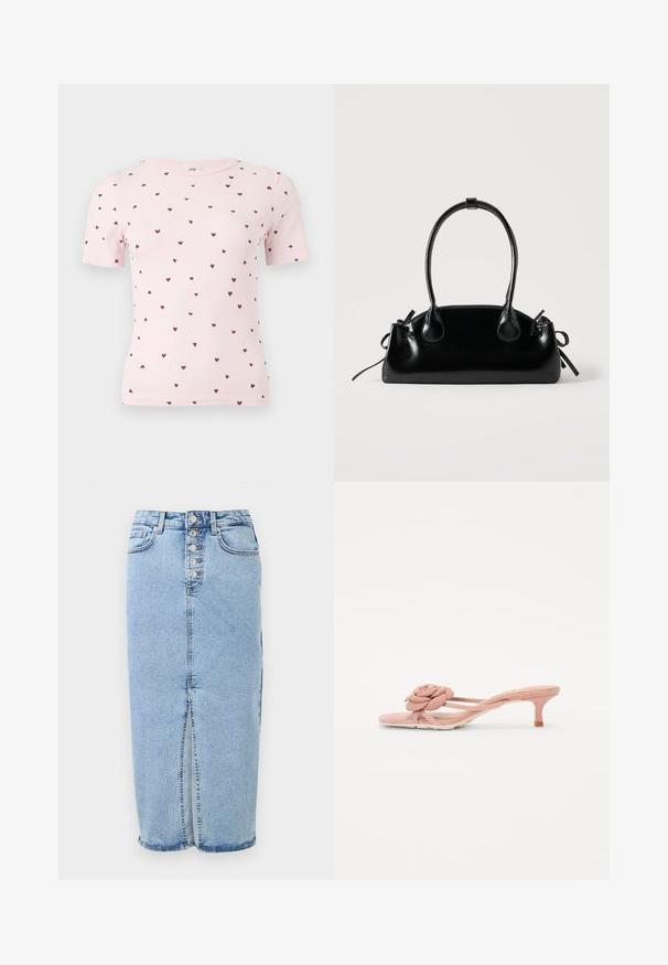 Lyserød ribstrikket t-shirt med korte ærmer, små spredte mørkerøde hjerte-mønstre, rund halsudskæring og tætsiddende silhuet.; Lyseblå denim midi nederdel med knaplukning foran, frontslids, bæltestropper og to forlommer.; Lyserøde sutsko med en tekstureret blomsterdetalje på stroppen og en lille hæl. Blødt materiale og åben design.; Lille sort blank håndtaske med to lange håndtag og snøre-detaljer i siden på en ensfarvet lys baggrund.
