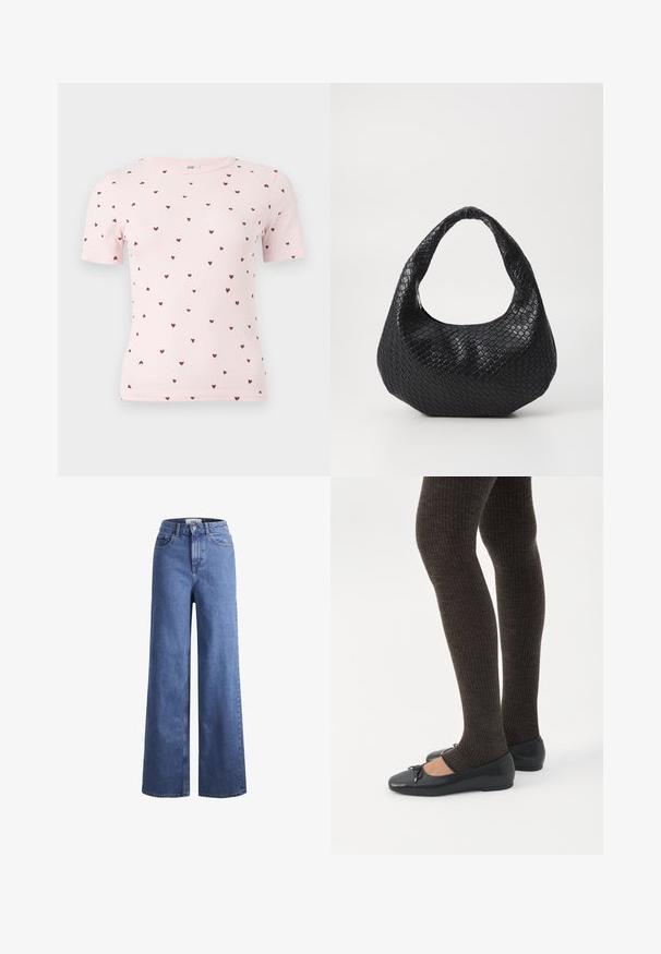 T-shirt à manches courtes côtelée de couleur rose clair avec petits motifs de cœurs rouge foncé dispersés, encolure ronde et silhouette ajustée.; Jean large en denim bleu clair avec taille haute, deux poches avant et coutures visibles. Fermeture à bouton et à zip.; Jambes portant des leggings côtelés foncés associés à des ballerines noires avec de petits détails en nœud sur fond blanc.; Sac à main tissé noir avec une poignée courbée, présentant une surface texturée et une forme décontractée. Fini lisse avec une silhouette organique.