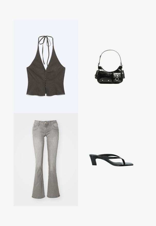 Haut sans manches gris foncé à col halter avec un profond décolleté en V, fermeture devant par crochets et œillets, et bretelles à nouer au cou.; Jeans gris évasés avec une taille mi-haute, poches avant et fermeture à bouton, fabriqués en denim avec une texture lisse.; Sandale à talon en cuir verni noir avec bout carré et talon carré de hauteur moyenne, vue de côté sur fond blanc.; Sac à main en cuir verni noir avec une forme incurvée, une bandoulière, des poches avant et des accents en métal argenté.