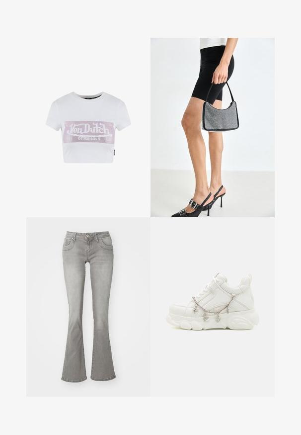 Weißes, kurzärmeliges cropped T-Shirt mit einem rosa Strass-Logo-Print auf der Brust. Aus glattem Baumwollmaterial.; Graue Schlagjeans mit mittelhoher Taille, Fronttaschen und Knopfverschluss, aus Denimstoff mit glatter Textur.; Weiße Sneakers mit dicker Sohle, strukturiertem Obermaterial aus Leder und dekorativer Metallkette mit Anhängern. Sie verfügen über eine Schnürung und einen gepolsterten Kragen.; Schwarze Perlen-Handtasche mit geschwungener Silhouette, Tragegriff und glänzender Textur. Kombiniert mit schwarzen High Heels und enganliegenden schwarzen Shorts.