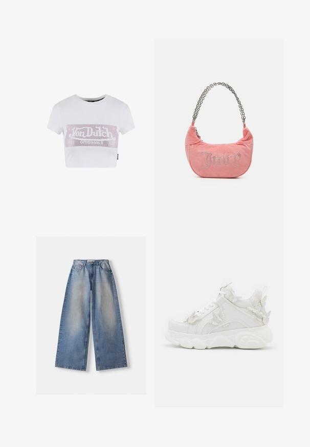 Weißes, kurzärmeliges cropped T-Shirt mit einem rosa Strass-Logo-Print auf der Brust. Aus glattem Baumwollmaterial.; Weite blaue Jeans mit hohem Bund und verwaschenen Details, flach auf weißem Hintergrund ausgelegt.; Weißer klobiger Sneaker mit dicker Sohle und dekorativen 3D-Schmetterlingsakzenten an der Seite, den Schnürsenkeln und der Ferse.; Juicy Couture KIMBERLY SMALL SET - Handtasche - pink