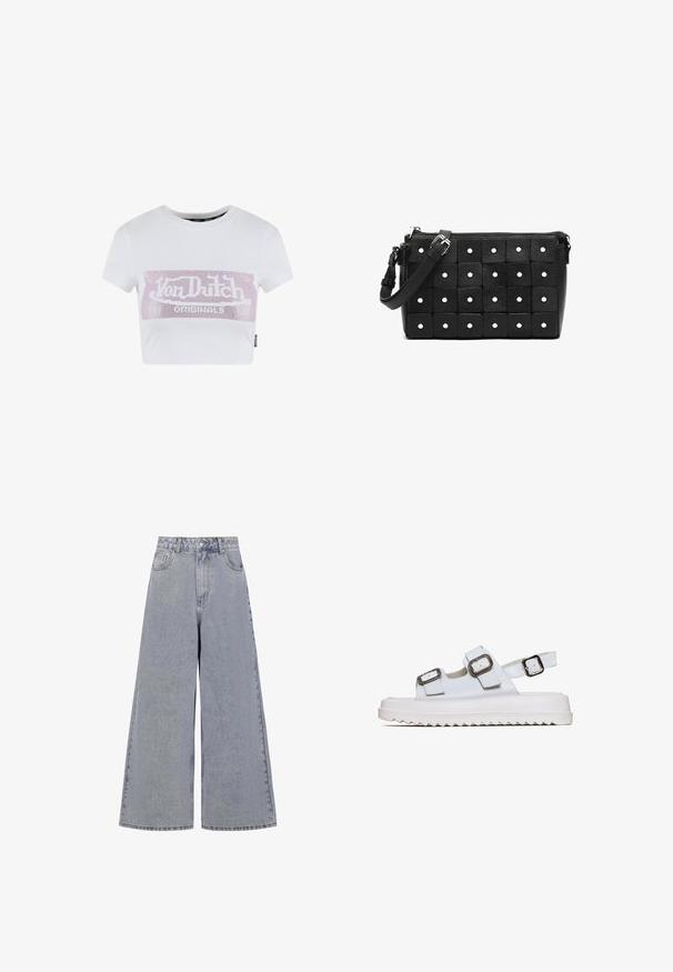 Hvid cropped t-shirt med korte ærmer, der har et pink rhinesten logo grafisk tryk på tværs af brystet. Glat bomuldsstof.; Lysblå bredbenede jeans lavet af denim, med høj talje, fire lommer og en klassisk knaplukning med subtil slid.; Hvide sandaler med to justerbare stropper, sølv spænder og en tyk hvid sål med zigzag mønster. Glat tekstur og åben design.; Sort lædertaske med rektangulær form, der har firkantede lapper og runde perforeringer. Justerbar rem og lynlås lukning.