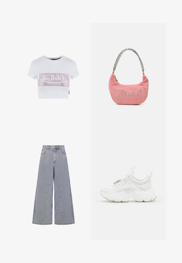 Camiseta corta blanca de algodón con mangas cortas, que presenta un gráfico de logo de strass rosa en el pecho. Material de algodón suave.; Pantalones vaqueros de pierna ancha en azul claro, hechos de mezclilla, con una cintura alta, cuatro bolsillos y un cierre clásico de botón con un ligero desvanecimiento.; Zapatillas blancas gruesas con materiales de cuero y malla, que cuentan con una suela gruesa, punta redondeada y cordones decorativos. Acentos ligeramente texturizados.; Juicy Couture KIMBERLY SMALL SET - Bolso de mano - pink