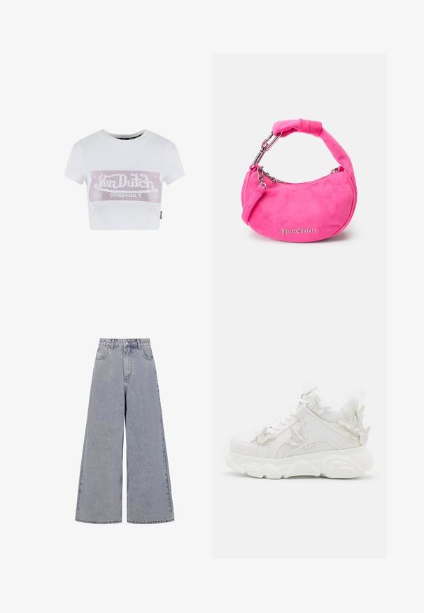 Camiseta corta blanca de algodón con mangas cortas, que presenta un gráfico de logo de strass rosa en el pecho. Material de algodón suave.; Pantalones vaqueros de pierna ancha en azul claro, hechos de mezclilla, con una cintura alta, cuatro bolsillos y un cierre clásico de botón con un ligero desvanecimiento.; Zapatilla blanca gruesa con suela gruesa y detalles decorativos de mariposas 3D en el lateral, los cordones y el talón.; Bolso de ante rosa con forma curva, asas cortas acolchadas, herrajes plateados y el logo "Juicy Couture" en cursiva en la parte delantera.