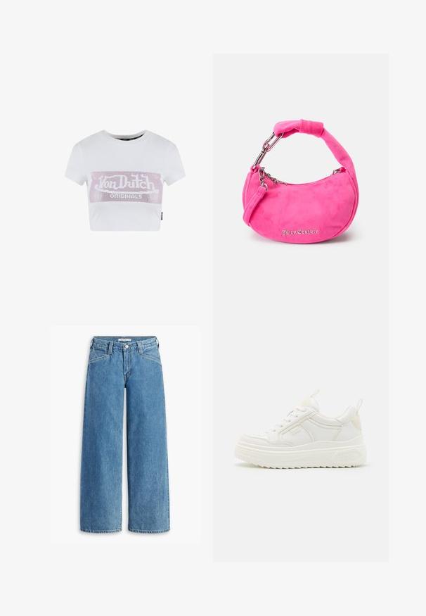 Witte cropped t-shirt met korte mouwen, met een roze rhinestone logo grafiek over de borst. Glad katoenen materiaal.; Lichtblauwe wijde jeans van denim, met een hoge taille, vijf zakken en een klassieke knoopsluiting. Recht gesneden van de dij tot de zoom.; Witte leren sneakers met een stevige zool, vetersluiting en subtiele branding. Heeft een zachte textuur en een ronde neus.; Roze suède handtas met een gebogen vorm, korte gewatteerde handgreep, zilverkleurige hardware en het "Juicy Couture" logo in een sierlijk lettertype aan de voorkant.