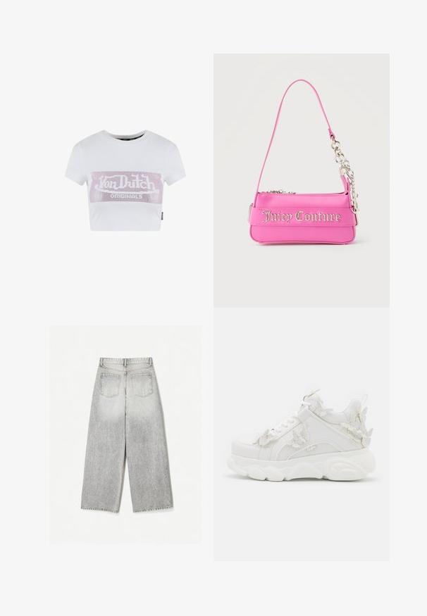 Hvid cropped t-shirt med korte ærmer, der har et pink rhinesten logo grafisk tryk på tværs af brystet. Glat bomuldsstof.; Løse grå denim jeans med et falmet udseende, med to baglommer og rå kanter.; Hvid chunky sneaker med tyk sål og dekorative 3D sommerfugle detaljer på siden, snørebånd og hæl.; Lille lys pink Juicy Couture håndtaske med sølvkædedetalje og logotekst på forsiden, enkelt smalt skulderrem.