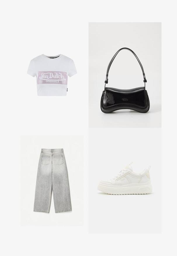 Hvid cropped t-shirt med korte ærmer, der har et pink rhinesten logo grafisk tryk på tværs af brystet. Glat bomuldsstof.; Løse grå denim jeans med et falmet udseende, med to baglommer og rå kanter.; Hvide lædersneakers med en kraftig sål, snørebåndsdesign og subtil branding. Har en glat overflade og rund tå.; Sort patentlæder håndtaske med en buet form, et enkelt håndtag og en rund bund. Har en subtil logo-detalje på forsiden.