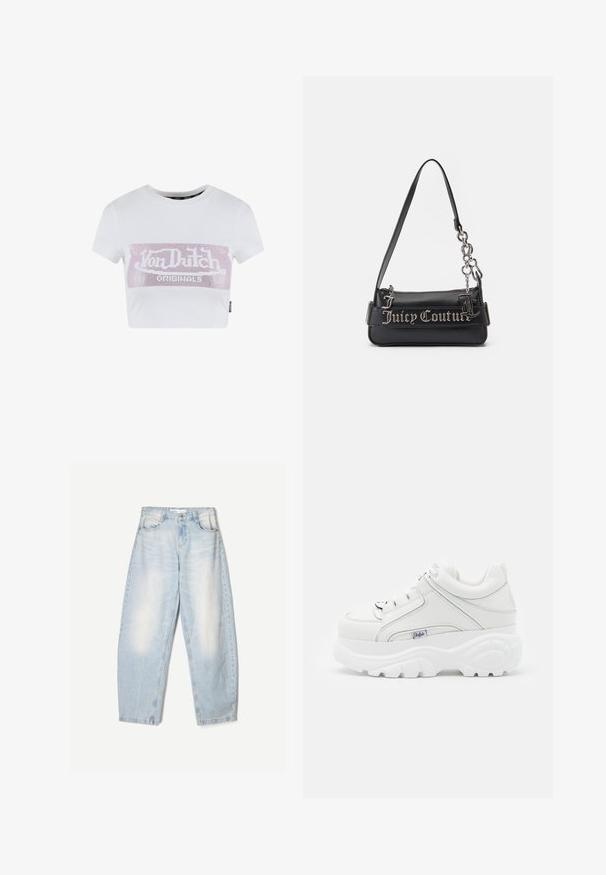 Weißes, kurzärmeliges cropped T-Shirt mit einem rosa Strass-Logo-Print auf der Brust. Aus glattem Baumwollmaterial.; Hellblaue Jeans aus Denim mit lockerer Passform, im ausgewaschenen Finish, zwei Fronttaschen und einem Knopfverschluss am Bund.; Weiße Plattform-Sneaker aus synthetischem Material, mit einer glatten Oberfläche, dicker Sohle und dezenten Nähdetails. Mit einem Logo akzentuiert.; Schwarze Handtasche aus strukturiertem synthetischem Material. Verfügt über einen Kettenriemen und das silberne "Juicy Couture"-Logo, das prominently auf der Vorderseite angebracht ist.