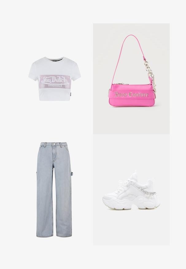 Weißes, kurzärmeliges cropped T-Shirt mit einem rosa Strass-Logo-Print auf der Brust. Aus glattem Baumwollmaterial.; Hellblaue Denim-Jeans mit weitem Bein, Knopf- und Reißverschluss, Gürtelschlaufen und einem seitlichen Detail an einem Bein. Ohne sichtbare Abnutzungen.; Weißer klobiger Sneaker mit dicker Sohle, Schnürsenkeln vorne und Kettendetail mit hängenden Perlen an der Ferse.; Kleine, leuchtend pinke Juicy Couture Handtasche mit silbernen Kettendetails und Logo-Schriftzug auf der Vorderseite, schmaler einzelner Schulterriemen.