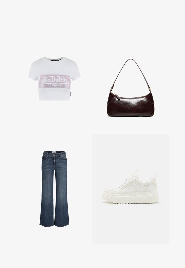 Witte cropped t-shirt met korte mouwen, met een roze rhinestone logo grafiek over de borst. Glad katoenen materiaal.; Donkerblauwe jeans met wijde pijpen, voorzakken, riemlussen, knoop- en ritssluiting, afgebeeld op een witte achtergrond.; Witte leren sneakers met een stevige zool, vetersluiting en subtiele branding. Heeft een zachte textuur en een ronde neus.; Donkerbruine leren schoudertas met een enkele band en ritssluiting, rechthoekige vorm met afgeronde hoeken op een witte achtergrond.