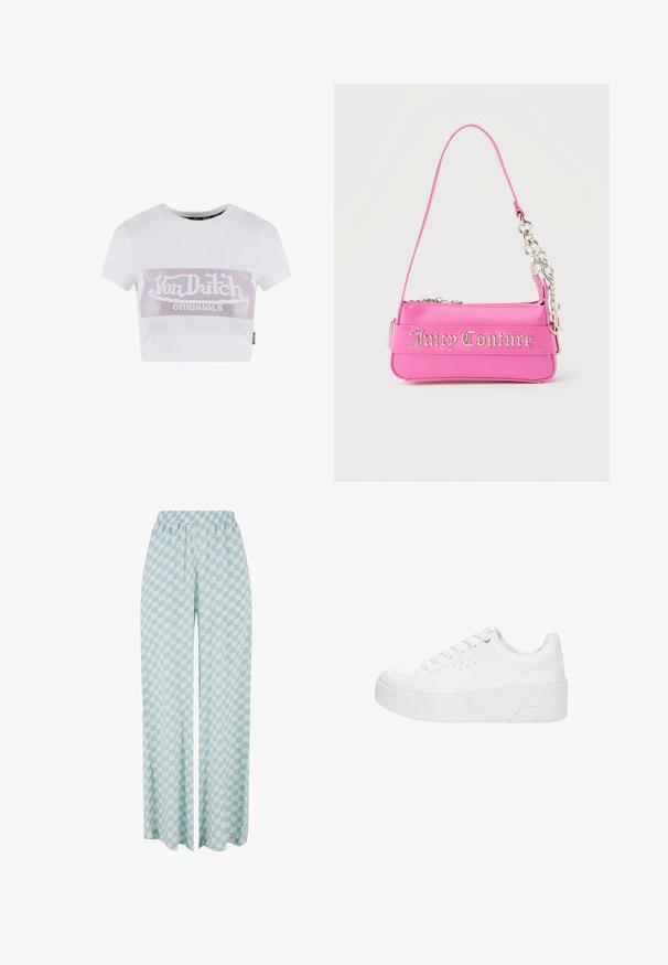 Hvid cropped t-shirt med korte ærmer, der har et pink rhinesten logo grafisk tryk på tværs af brystet. Glat bomuldsstof.; Lysblå vide bukser med ternet mønster i skiftende nuancer og elastisk talje for komfort.; Hvid platform-sneaker med snørelukning foran, perforerede detaljer på siden og tyk sål, vist fra ydersiden på en hvid baggrund.; Lille lys pink Juicy Couture håndtaske med sølvkædedetalje og logotekst på forsiden, enkelt smalt skulderrem.