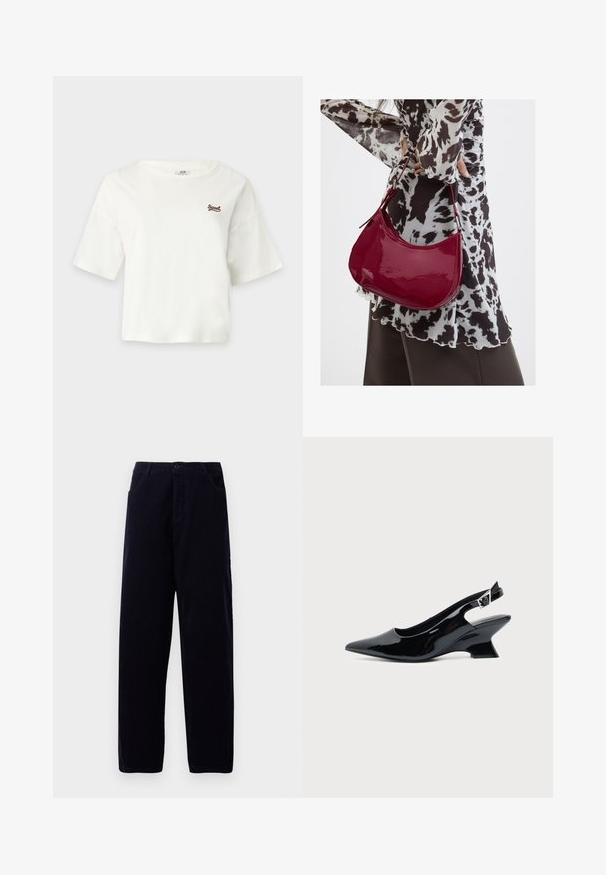 T-shirt court blanc à manches courtes avec col rond et petit texte marron "Sweet" sur la poitrine gauche.; Pantalons en velours côtelé bleu marine foncé à jambe droite, avec poches avant et fermeture à bouton à la taille.; Chaussure slingback en cuir verni noir avec bout pointu et petit talon bloc incliné sur fond clair uni.; Femme portant un chemisier à motif noir et blanc tenant un sac à main rouge brillant sur un fond uni.