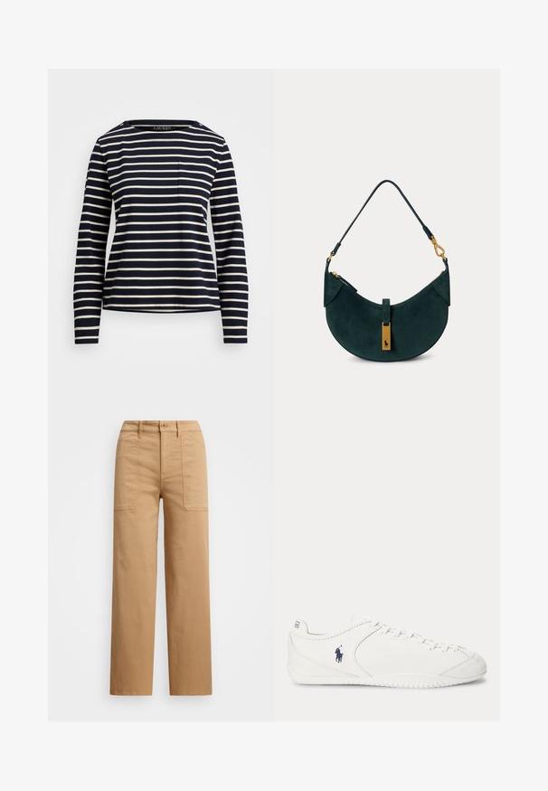 Camisa de manga larga azul marino con rayas horizontales blancas, escote redondo y un pequeño bolsillo en el pecho. Presenta detalles de botones en el hombro.; Pantalones de algodón beige con pierna recta, que cuentan con un cierre de botón, bolsillos frontales y detalles de costura visibles.; Zapatilla blanca de perfil bajo con cordones en la parte delantera y logo de jugador de polo azul oscuro en el lateral, vista desde el interior.; Bolso de hombro de ante verde oscuro con forma curva, herrajes en tono dorado y una correa corta con detalles de cierre.