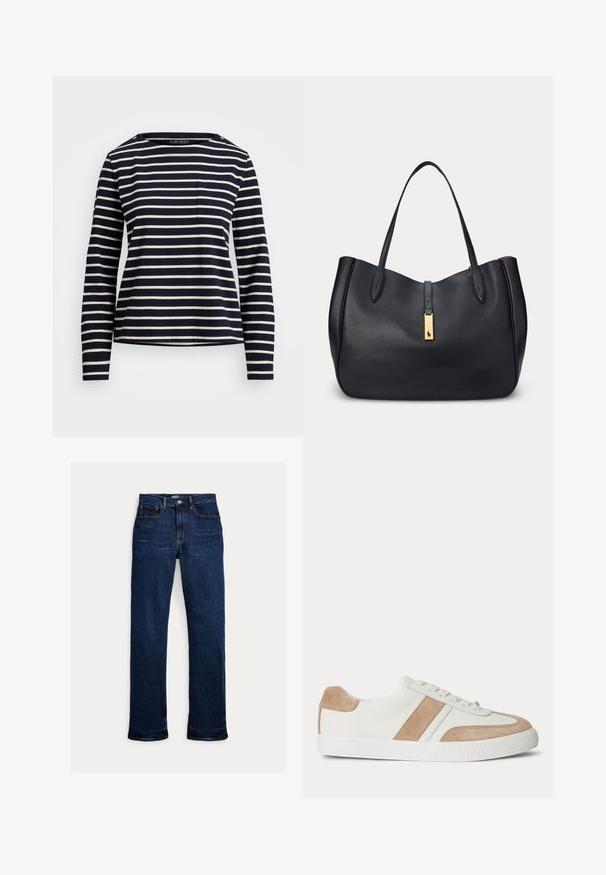 Navyblaue Langarmhemd mit weißen horizontalen Streifen, einem Rundhals und einer kleinen Brusttasche. Verfügt über Knopfakzente an der Schulter.; Dunkelblaue Straight-Leg-Denim-Jeans mit Frontknopf und Reißverschluss, Fünf-Taschen-Design und sichtbaren Nähten.; Weißer Sneaker mit niedrigem Schaft und beigen Wildleder-Akzenten an Ferse, Seitenstreifen und Vorderfuß, mit weißen Schnürsenkeln und strukturierter Gummisohle.; Schwarze Ledertasche mit zwei Griffen und einem goldfarbenen rechteckigen Verschluss mit kleinem Pferdelogo.